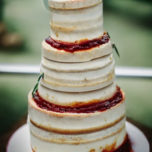 Prompt: a wedding cake made entirely out of meat and sausages with ketchup sauce. During wedding. Highly detailed 8k