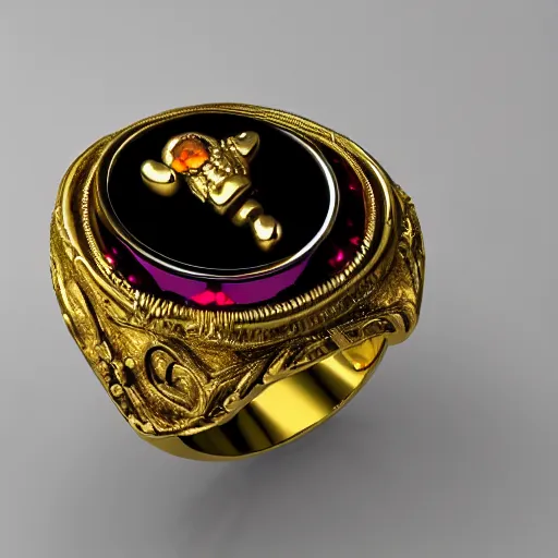 Image similar to complex golden ring with cameo and gems of a vampire mouth with a cyberpunk and gothic style, 8k, details