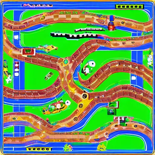 Prompt: top down view of Nintendo Mario kart double dash custom racetrack map. Wario Casino greedy capitalist video game track.