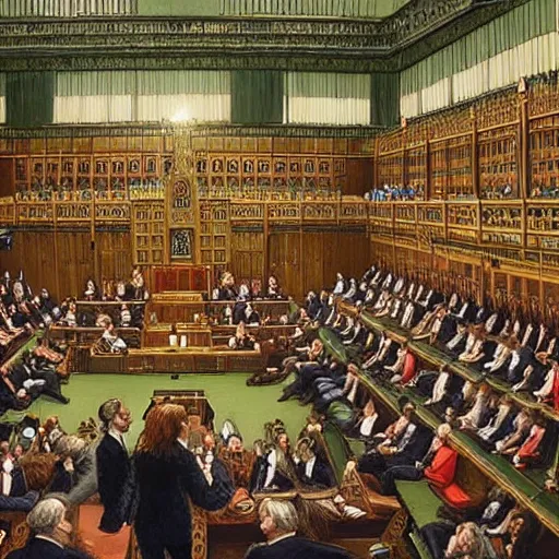 Prompt: a realistic painting of the british house of commons filled with chimpanzees arguing