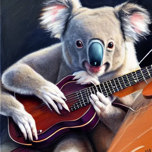 Image similar to portrait Koala playing a guitar, fine details. realistic shaded lighting by Ilya Kuvshinov Giuseppe Dangelico Pino and Michael Garmash and Rob Rey, IAMAG premiere, aaaa achievement collection, eyes open in wonder