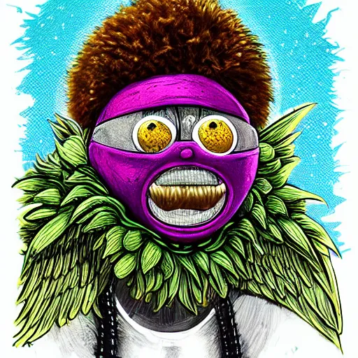 Image similar to a tennis ball monster with angel halo and wings, golden chain necklace, balaclava, tennis ball, urban, hip hop, rap, colorful, digital art, fantasy, magic, trending on artstation, ultra detailed, professional illustration by Basil Gogos