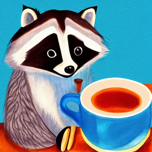 Prompt: raccoon with cup of tea by cozy fireplace, childrens book illustration, in the style of eric carle,