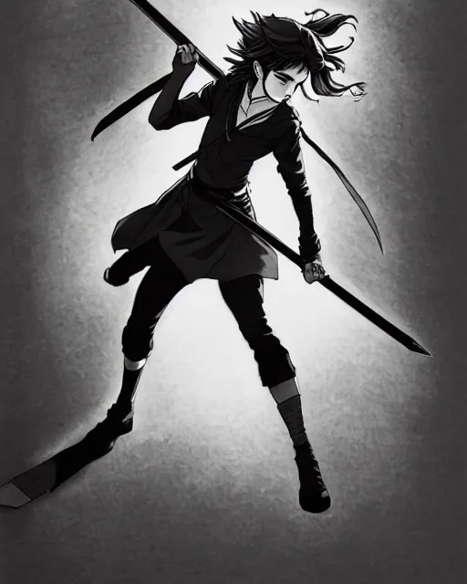 Image similar to a very detailed pencil drawing of emma watson in demon slayer manga panel, action lines, greg rutkowski, in field high resolution, dynamic pose, landscape, portrait, action, hyper realistic, manga, koyoharu gotouge, sakuga