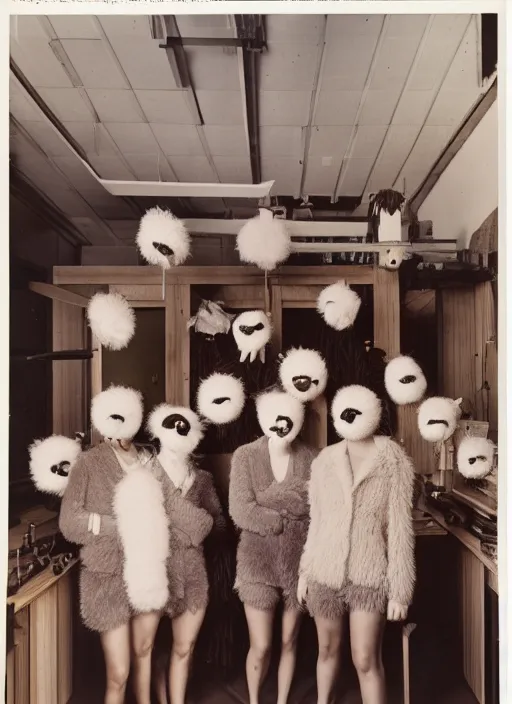 Prompt: realistic photo portrait of the university class wearing fluffy bird masks shorts, beautiful symmetrical faces, standing in the wooden polished and fancy expensive wooden laboratory interior room 1 9 9 0, life magazine reportage photo