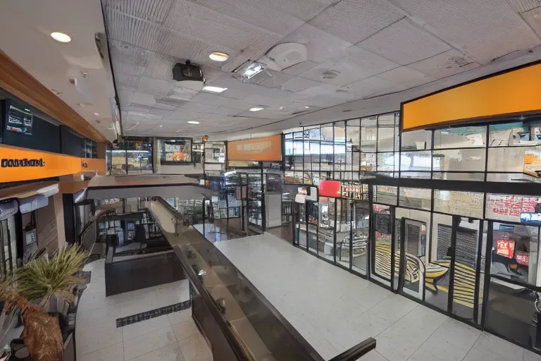 Image similar to overhead view, surveillance, a large adult tiger walking around inside of an empty fast food restaurant lobby