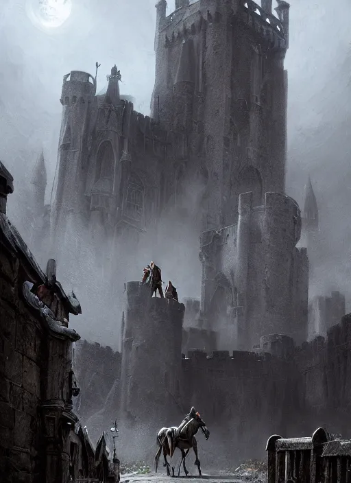 Image similar to knight on his horse stranding infront of a huge medieval castle gate, gothic, brutalist architecture, dramatic lighting, cinematic, establishing shot, extremly high detail, foto realistic, cinematic lighting, post processed, concept art, artstation, matte painting, style by eddie mendoza, raphael lacoste, alex ross