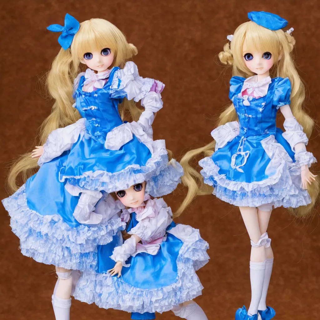 Image similar to high quality photograph of an adorable anime style ball jointed, dollfie dream doll with blonde hair, blue eyes, wearing a kawaii aesthetic alice in wonderland outfit. highly detailed, award - winning