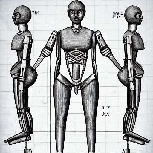 Image similar to technical drawing of ancient womanized!! humanoid robot, symmetrical, anatomically correct, full body length, old historical photo, ancient paper, photorealistic