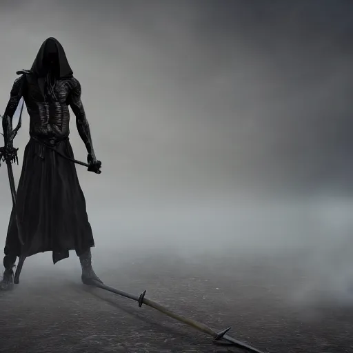 Prompt: a black hooded faceless monster in hells graveyard, holding a scythe, reaper, amazing fire art, ray tracing, realistic fire sharp focus, long shot, 8 k resolution, cinematic