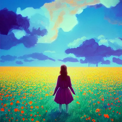 Image similar to girl with a giant carnation head, surreal photography, flower field, sunset dramatic light, impressionist painting, colorful clouds, blue sky, digital painting, artstation, simon stalenhag