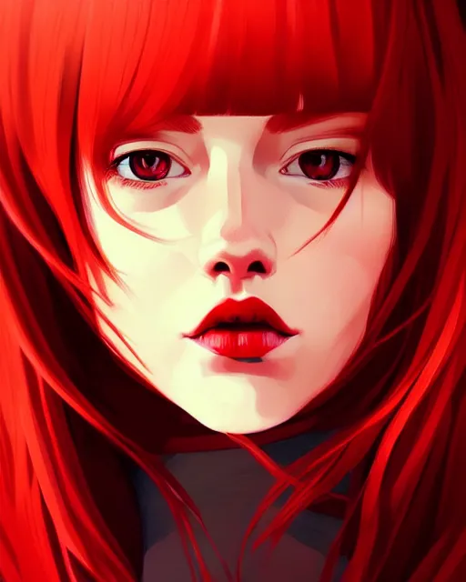 Image similar to a detailed portrait of a stunning!! woman with red hair and freckles by ilya kuvshinov, digital art, dramatic lighting, dramatic angle