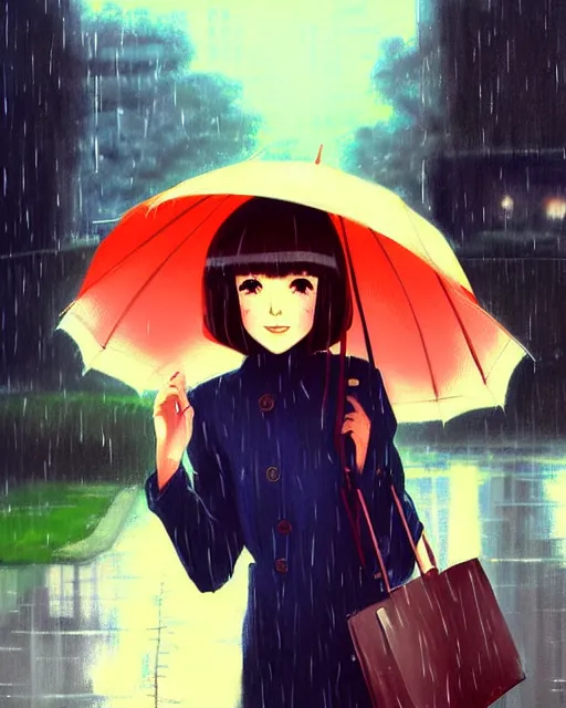 Prompt: cute girl in the rain. full shot | very very anime!!!, fine - face, audrey plaza, realistic shaded perfect face, fine details. anime. realistic shaded lighting poster by ilya kuvshinov katsuhiro otomo ghost, magali villeneuve, artgerm, jeremy lipkin and michael garmash and rob rey