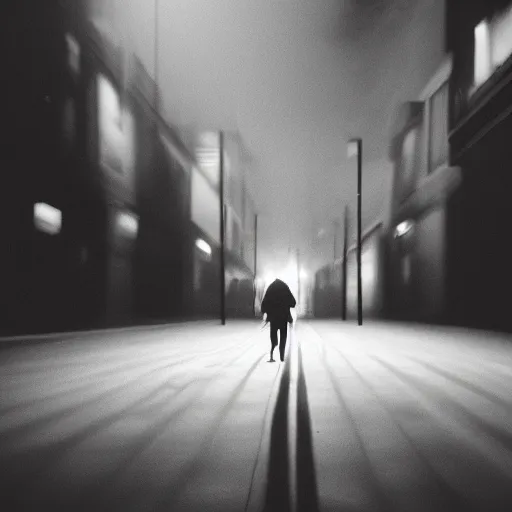 Image similar to an abstract photograph of a lonely male shadowy figure, there is a dark street with lanterns reflected on the ground, everything is underwater, motion blur, 35 mm, black-and-white