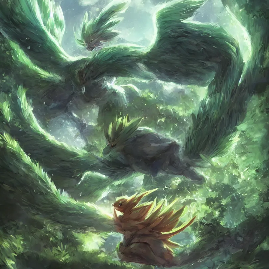 Image similar to a cute beautiful earth type pokemon, green feathers bursting out of his hair, full body shot, highly detailed digital art, 3 d perspective, award - winning illustration, aesthetic, smooth, pokemon style, made by greg rutkowski, with an alien landscape in the background