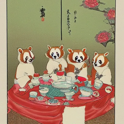 Prompt: red pandas wearing dresses having a tea party in an ornate tea room, traditional Japanese art