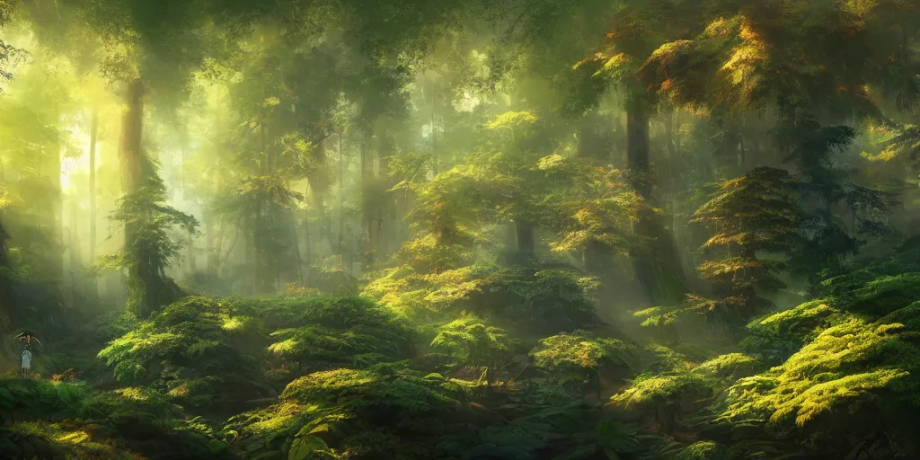 Image similar to a forest, cinematic angle, studio Ghibli, volumetric lighting, breathtaking, beautiful composition, intricate, elegant, digital art, detailed, oil painting, hyperrealistic, sharp focus, 8k