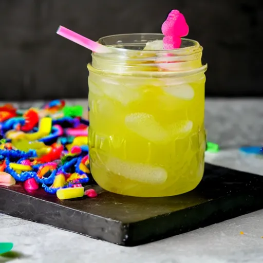 Image similar to lemonade with gummy worms floating through it, slurp drink, food network recipe photography