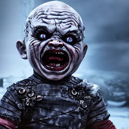 Image similar to screaming chucky doll as the night king on game of thrones octane render
