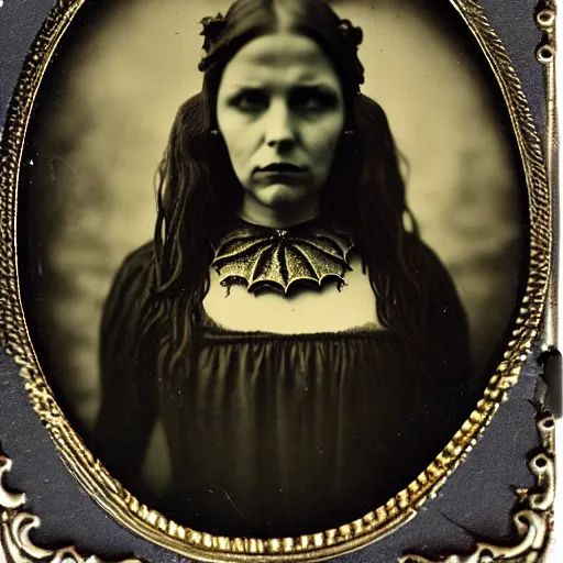 Image similar to tintype ambrotype daguerreotype of a cthulhu priestess adorned in occult jewelery with tentacle hair. emerging walking out of a baroque frame. striking face.