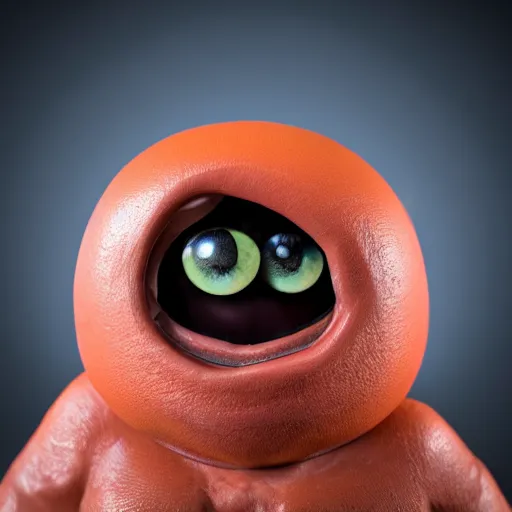 Prompt: photo of a comically tiny clay model of an angry baby rocky magma creature with a volcanic body and large childlike eyes leans close to the camera, fish eye lens, 4 k, hyper realistic, hyper detailed face, octane render, comedic, cute