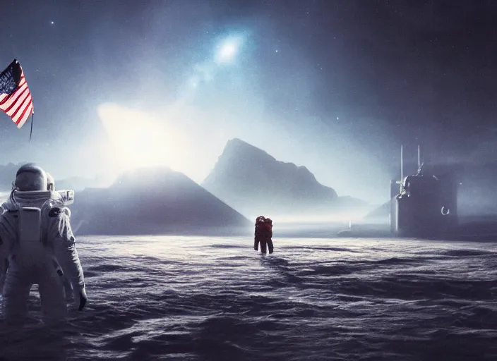 Image similar to astronaut holding a flag in an underwater desert. a submarine is visible in the distance. dark, concept art, cinematic, dramatic, atmospheric, 8 k, trending on artstation, blue, fish, low visibility, fog, ocean floor, christopher nolan, interstellar