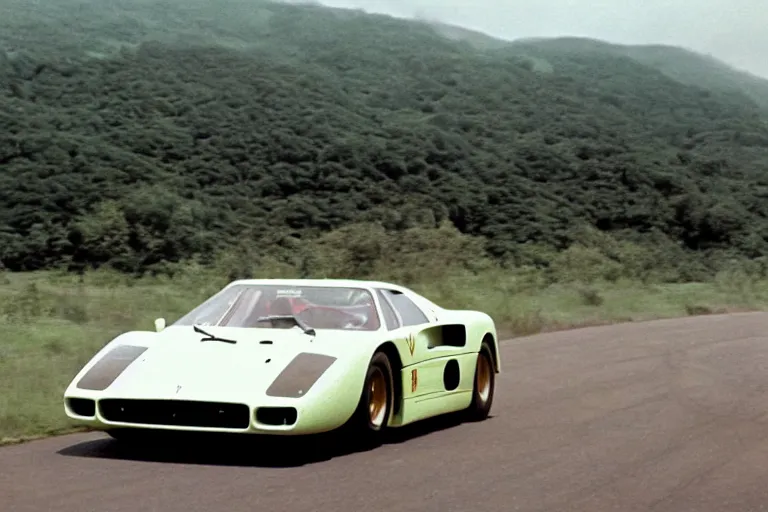 Image similar to vintage archival race footage of a single 1965 Ferrari F40, with elements of the De Tomaso Pantera, Lotus, GT40, BMW M1, and Countach, movie still, speed, cinematic Panavision 5384 film