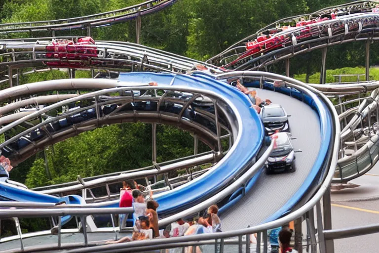 Prompt: watching traffic on a rollercoaster road