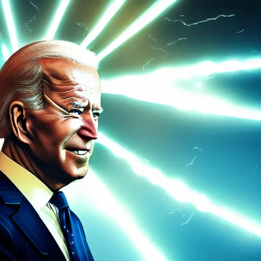 Image similar to joe biden as a super sayan at full power, photograph, 8 k, octane render, unreal 5, ultra detailed, super sharp and crispy.