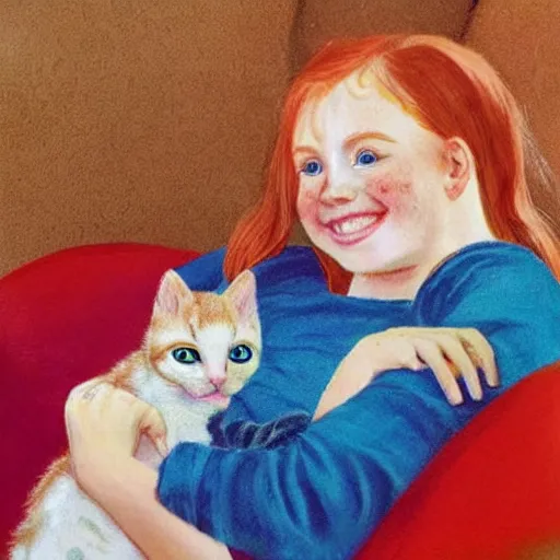 Prompt: young freckled smiling pretty redhead girl is holding a kitten while watching tv, depicted for a children's book, in the style of claudia gadotti and katie risor