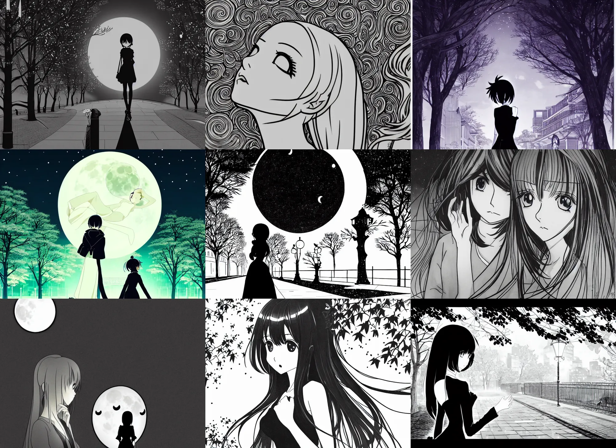 Prompt: inked outline anime visual, dark portrait of an elegant girl sightseeing at night in a park, moon, cute face by yoh yoshinari, katsura masakazu, dynamic pose, dynamic perspective, ilya kuvshinov, strong silhouette, anime cels, 1 8 mm, rounded eyes, realistic proportions, dramatic, detailed facial features, crisp