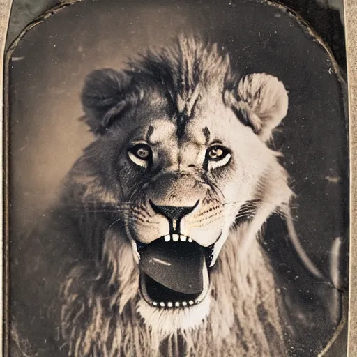 Prompt: tintype photo of a lion with a snake in his mouth