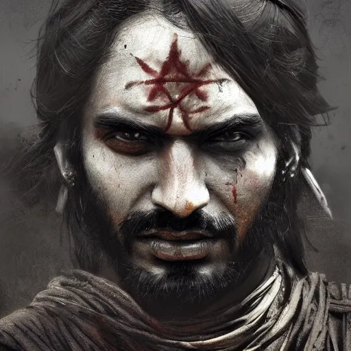 Prompt: portrait of an indian warrior, black paint on face, drawn by ruan jia, fantasy art, red dead redemption, django, town background, weird west, deadlands, dramatic lighting, digital art, 8 k, extremely detailed