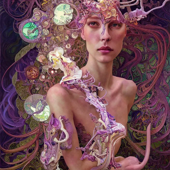 Image similar to partially deconstructed psychedelic organic cyborg orchid, diffuse lighting, fantasy, intricate, elegant, highly detailed, lifelike, photorealistic, digital painting, artstation, illustration, concept art, smooth, sharp focus, art by John Collier and Albert Aublet and Krenz Cushart and Artem Demura and Alphonse Mucha