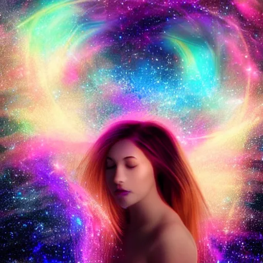 Image similar to portrait of a beautiful girl with iridescent translucent hair, her eyes are closed, hair is floating, digital art, ethereal, galaxy swirls, space