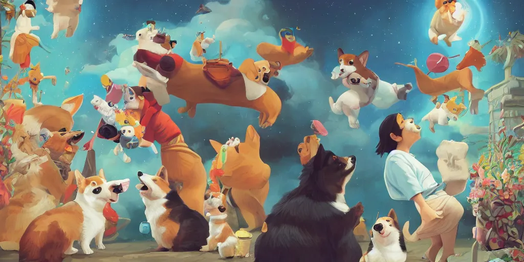 Prompt: Painting scene of corgi as jesus blessing humans, by Goro Fujita, tristan eaton, Tom Bagshaw, Hayao Miyazaki, trending on Artstation, 8k, masterpiece, graffiti paint, fine detail, full of color, intricate detail, corgi, fantasy painting