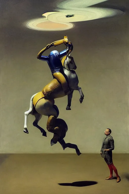Image similar to an astronaut lifts a horse with his mind and makes it levitate, hauntingly surreal, highly detailed painting by francis bacon, edward hopper, adrian ghenie, gerhard richter, and james jean soft light 4 k,