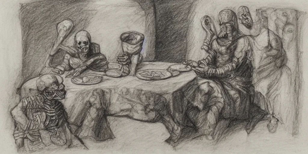 Prompt: Charcoal pencil portrait of a Roman emperor sharing dinner with a mummified skeleton, sketchbook, Leonardo da Vinci