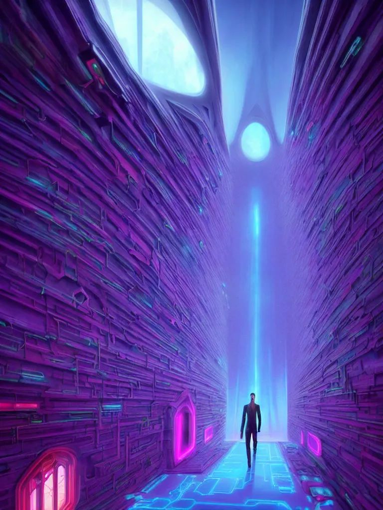 Image similar to entrance to ethereal realm, matrix enlightenment, rendered in unreal engine, central composition, symmetrical composition, dreamy colorful cyberpunk colors, 6 point perspective, fantasy landscape with anthropomorphic!!! terrain!!! in the styles of igor morski, jim warren and rob gonsalves, intricate, hyperrealistic, volumetric lighting, neon ambiance, distinct horizon