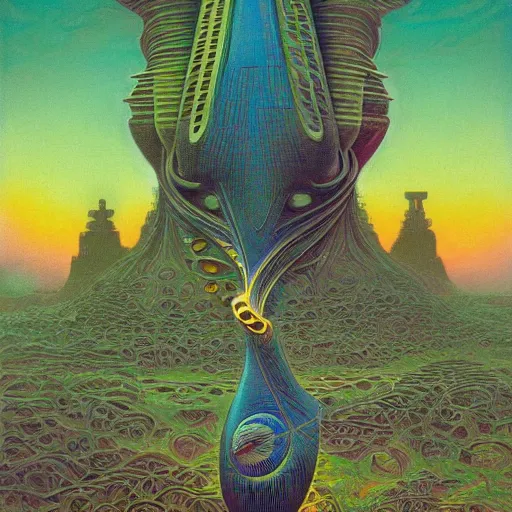 Prompt: colourful ornate afrofuturist biomorphic opart, 6 0 s space age design photography, future retro, creature god, temple, pascal blanche, roger dean, josh kirby, greg hildebrandt, donato giancola, larry elmore, arthur rackham, beksinski, sci - fi, 8 k