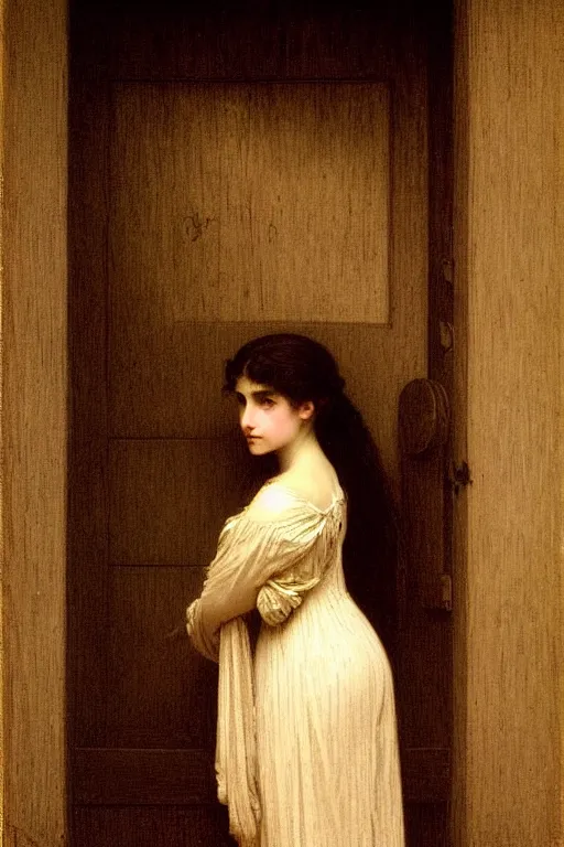 Prompt: girl leaning in doorway under moonlight by auguste toulmouche and bouguereau, dark lighting, perfectly detailed eyes, beautiful hands, pale skin, blonde hair, dreamy mood