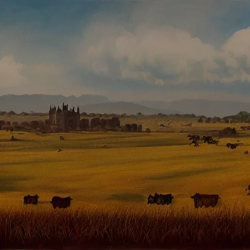 Prompt: painting of a vast field in a large medieval kingdom, dirt paths in various directions and a cattle ranch and a large castle visible in the distance, trending on artstation