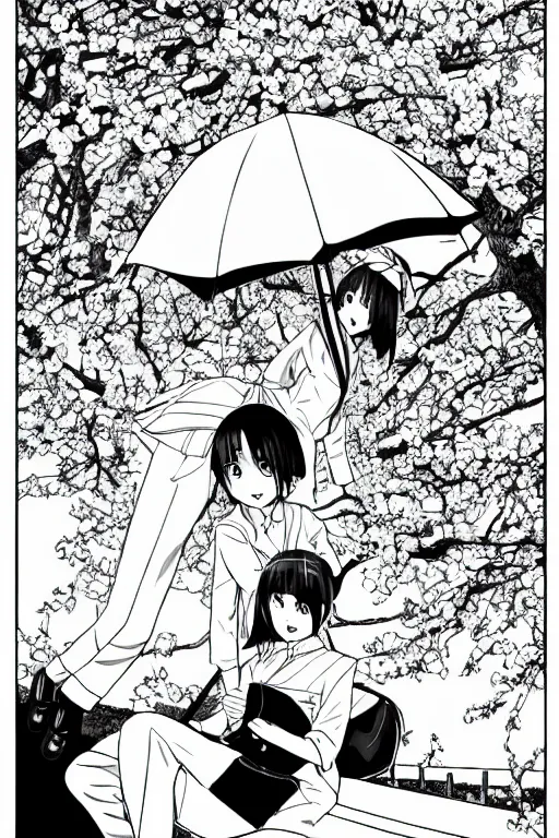 Image similar to black and white manga page, highly detailed pen, shoujo romance, two girls, first girl with long dark hair in sailor uniform, second girl with short light hair in pant suit, sitting on bench, cherry blossom tree in background with petals floating, drawn by Atsushi Ohkubo