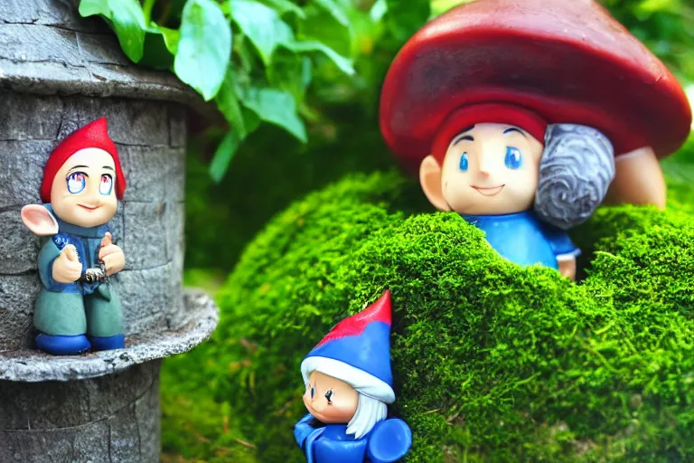 Image similar to tom hanks, anime gnome, on doorstep, mushroom house, lush green plants, flowers, hyper realism, macro shot, blue sky, sunny