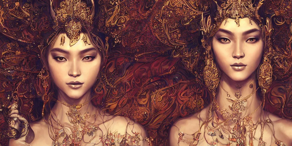 Prompt: Beautiful detailed portrait of an exotic goddess by Nick Silva, Shin JeongHo, Wandah Kurniawan, Symmetrical composition with people centered, realistic proportions, trending on artstation