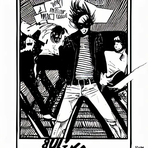 Image similar to A punk rock album from the 70s, illustration, b&w, slightly minimal, comic book style, by Raymond Pettibon