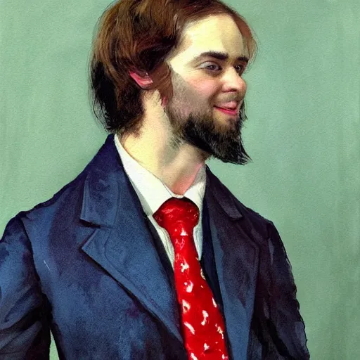 Image similar to Portrait of a handsome man with thick mutton chops. wearing a suit. colorful necktie, pale white face, long messy hair, long hair, ((red)) baggy eyes, tired eyes, tired face, disco smile, watercolor, brushstrokes, high detail, artstation, medium detail, by Ilya Repin