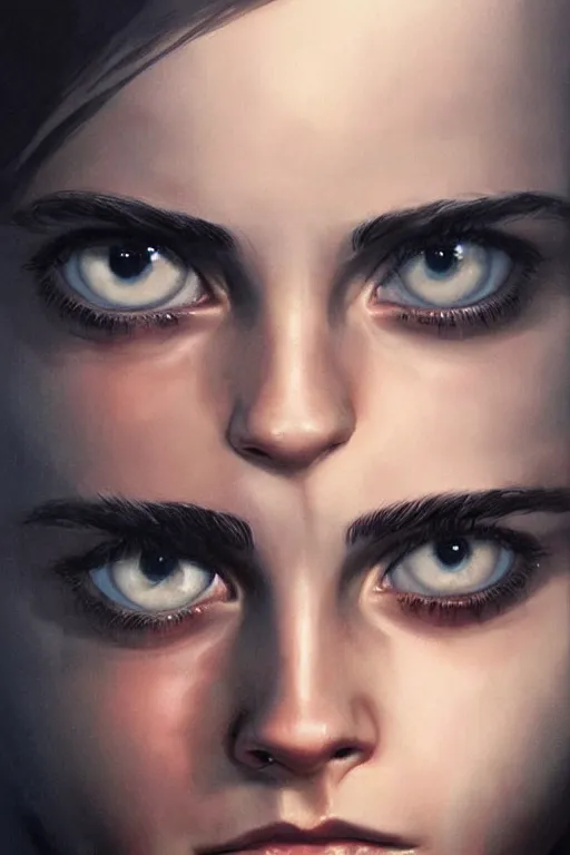 Image similar to emma watson with big eyes, beautiful eyes, blue eyes, green eyes, lovely eyes, red eyes, glowing eyes, by artgerm and greg rutkowski