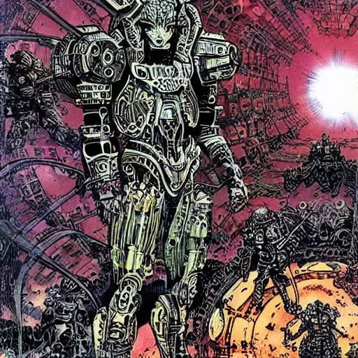 Prompt: wide scene, armored sci - fi god of destructuion manifests floating in midair, art by philippe druillet