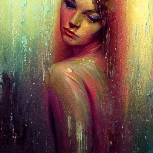 Image similar to detailed face of a woman clothed wrapped in textiles, lush, opulent, fauna, utopian, tech noir, wet reflections, prism, atmospheric, ambient, pj crook, syd mead, livia prima, artgerm, greg rutkowski, nick alm, casey baugh